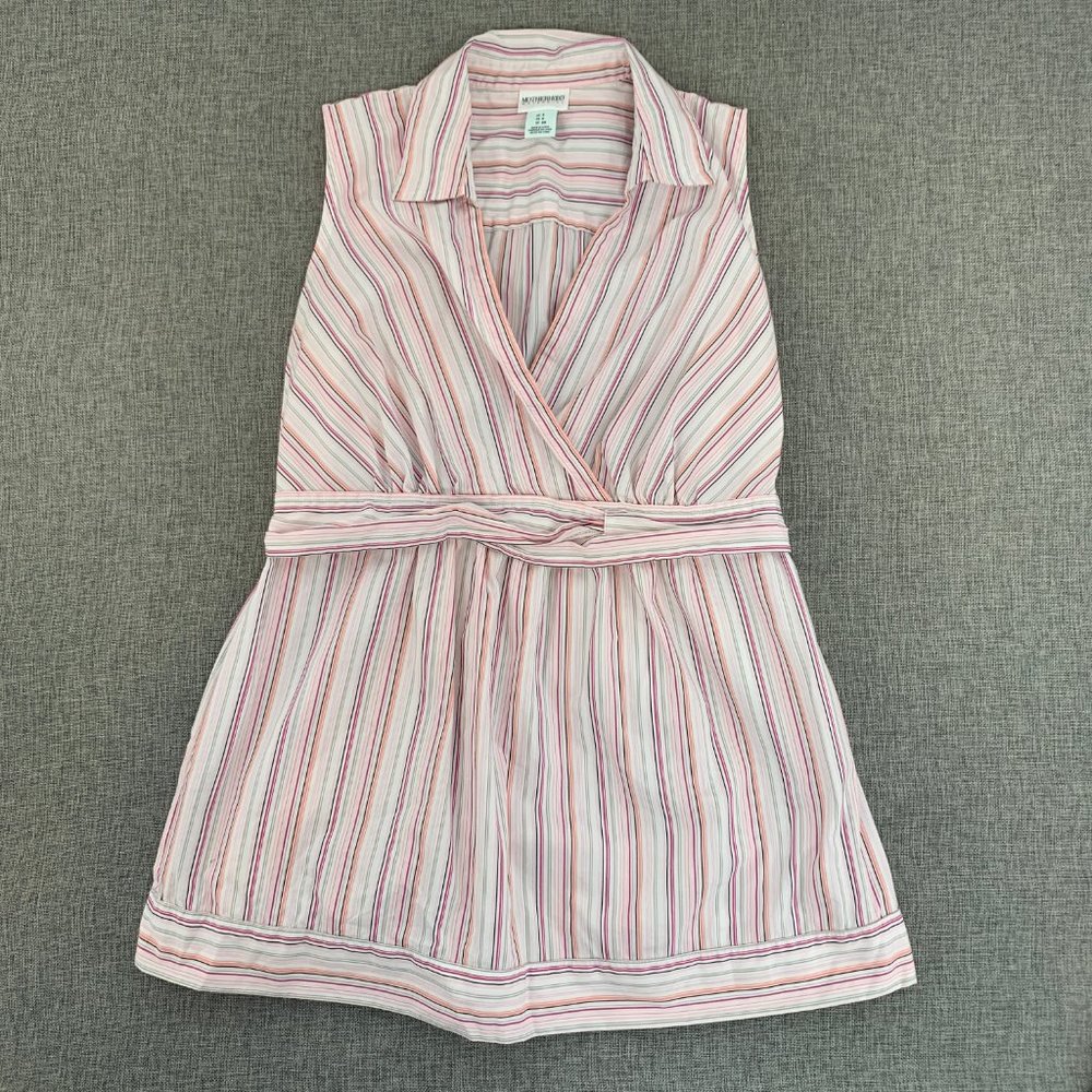 Motherhood Maternity Striped Collared Blouse Sleeveless Small Low V-Neck Elastic